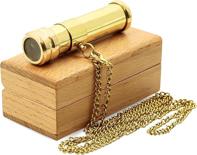 Brass Kaleidoscope with Wooden Box | Handcrafted Vintage Kaleidoscope with Optical Glass Lens & Wooden Storage Box – Collectible Gift for Kids & Adults (Golden/Brass, Small)