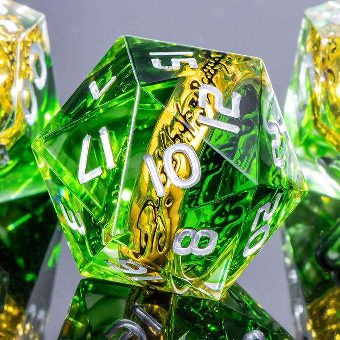 OUKELANWO Magic Lord Rings DND Dice Set with Box, 7Pcs Resin LOTR D&D Dice Set for Role Playing Game, Green Dungeons Dragons D and D Sharp Edge Dice D20 D12 D10 D8 D6 D4