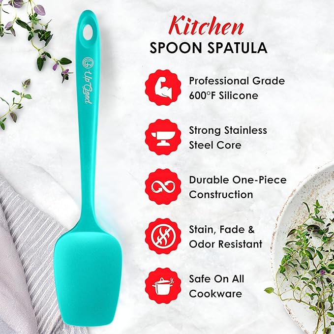 Silicone Spoon Spatula - 600ºF Heat-Resistant Non-Stick Rubber Spoonula | Use as Silicone Kitchen Scraper Utensil - Baking and Cooking Strong Stainless Steel Core | UpGood Kitchen Utensils, (Teal)