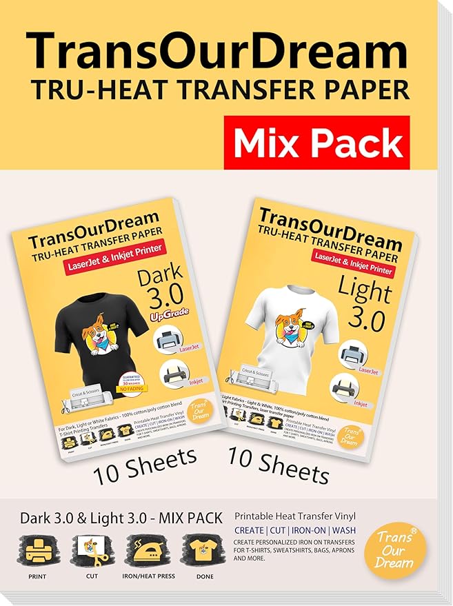 TransOurDream Iron on Heat Transfer Paper for Dark and Light T Shirts (10+10 Sheets, 8.5x11, Mix Pack) Printable HTV Heat Transfers Vinyl for Laserjet & Inkjet Printers (D3L3)