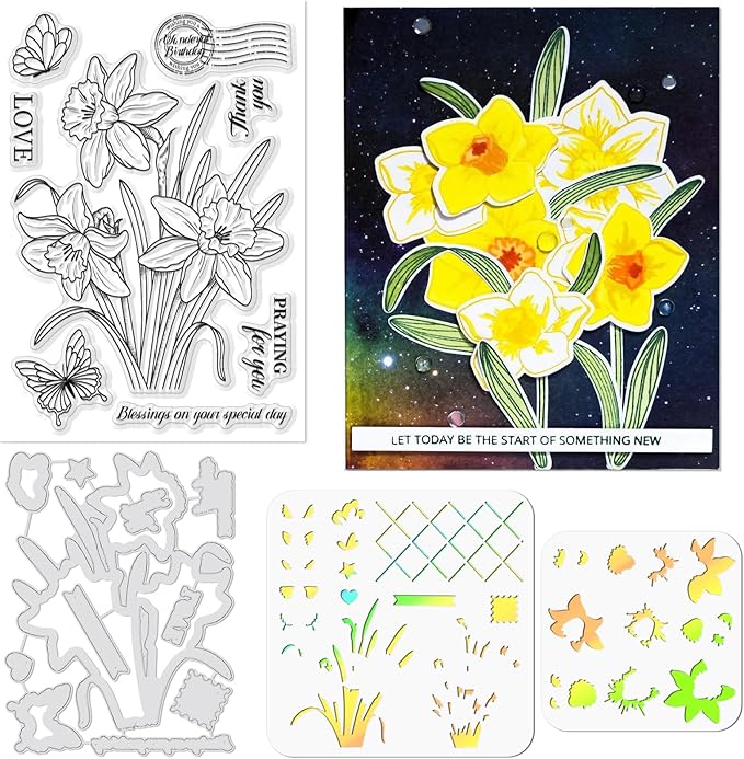ORIGACH Realistic Daffodil Flower Stamps and Dies and Layering Coloring Stencil Set, Silicone Stamps Metal Die Cut and Flower Stencil Template for Card Making Scrapbooking DIY Crafting