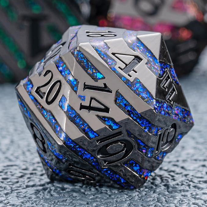 Metallic Glitter Stripes D&D Dice Set,7 PCS Polyhedral Dice Set with Gift Metal Box for Dungeons and Dragons,DND Metal Dice for Tabletop Game (Black Nickel Seven Colors)