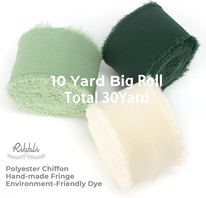 Ribbli Green Chiffon Ribbon1.5 inch x 30 Yard Handmade Silk Ribbon for Wrapping,Ivory Sage Forest Green Fringe Chiffon Ribbon for Wedding Invitations, Bridal Bouquets, Flower Arrangement Decoration