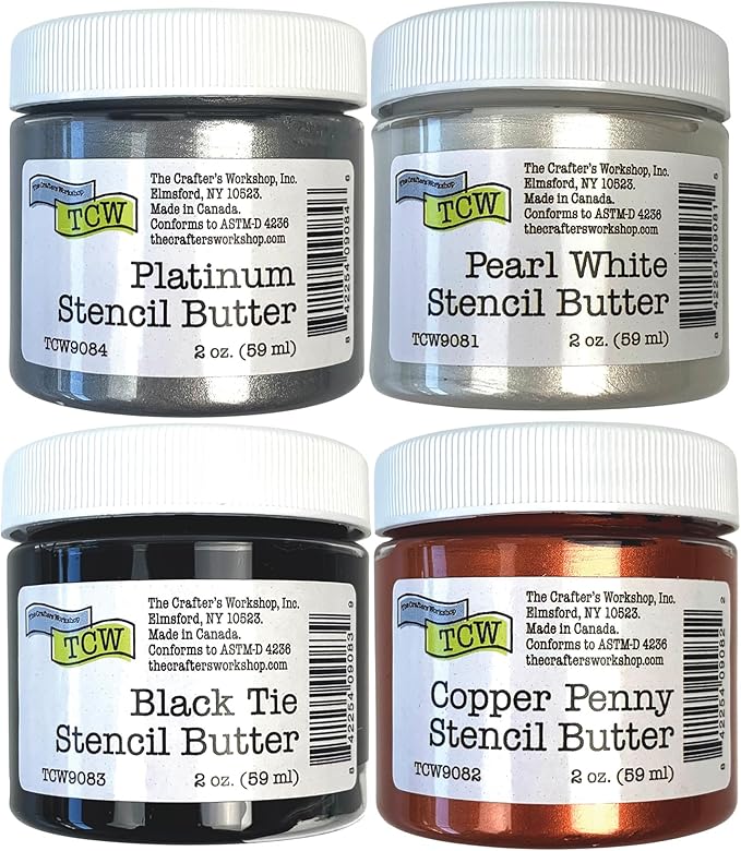 The Crafter's Workshop Stencil Butter - Formal Acrylic Paint Set - Boutique Metallic Texture Paste for Art, Canvas, Journals, & Cards - 4 x 2oz Jars