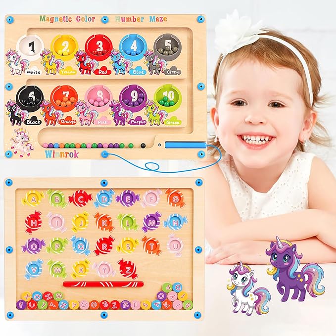 2 in 1 Double Side Magnetic Color and Number Maze, Alphabet Board Aged 1-3 Unicorn Toys, Montessori Magnet Puzzle Learning Counting Matching Gifts for Toddlers Kids Girls Boys 3 4 5 Year Old Christmas