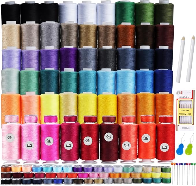 ilauke 50 Colors Sewing Thread, 124 Pcs Bobbins Threads Kit, 500 Yards per Thread Spools for Sewing Machine, Brother Singer Janome Machine and Hand Quilting