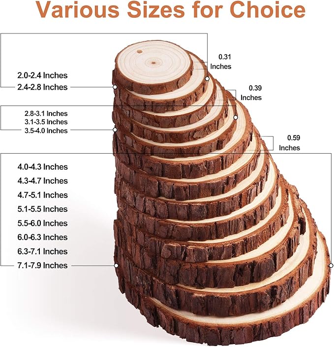Fuyit Natural Wood Slices, 30 Pcs 3.1-3.5 Inch Unfinished Predrilled Wooden Circles Tree Slice with Hole for DIY Arts Craft Christmas Ornaments