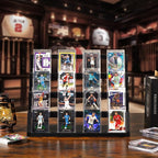 Emfogo Card Display Stand, 4-Tier Trading Card Display, Wooden Graded Baseball Sports Card Display, Trading Card Display Case for Card Collection & Show (Black)