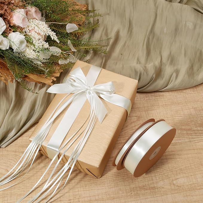 LaRibbons White Satin Ribbon 1 Inch 50 Yards Luxury Double Faced Silk Ribbon for Flower Bouquet Crafts Gift Wrapping Wedding Christmas Decoration