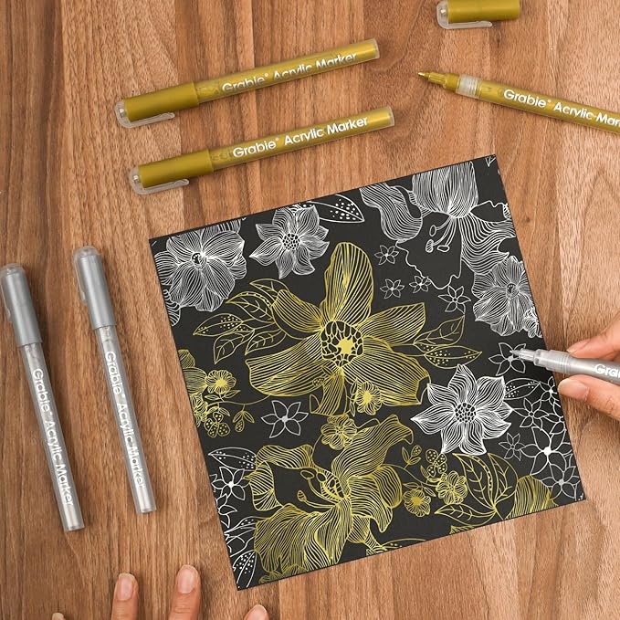 Grabie Gold&Silver Extra Fine Tip Acrylic Paint Marker Set, 6 Pack Gold Paint Markers, 0.7mm Acrylic Paint Pens for Black Paper, Halloween Pumpkin, Christmas DIY, Silver Pen(Gold&Silver)