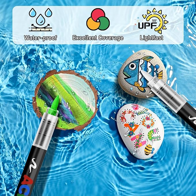 GOTIDEAL Acrylic Paint Markers Brush Tip,Waterproof Paint Pens acrylic Markers,No Bleed Acrylic Brush markers for Fabric,Wood,Rocks,Canvas Painting,Glass,Ceramic,Art Craft Supplies(12 Colors)
