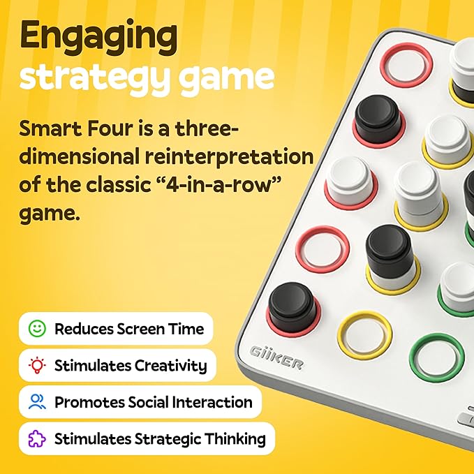 GiiKER Smart Four, 3D AI-Powered 4 in a Row Game, Strategy Board Games with Integrated Referee for 1-2 Players, Travel Games for Ages 6-12 and up, Birthday Gift for Kids Family Game Night