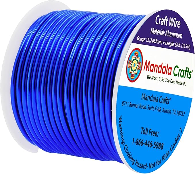 Mandala Crafts 12 Gauge Anodized Aluminum Craft Wire for Jewelry Making - 60 FT Colored Flexible True Blue Wire - Bendable for Bonsai Armature Crafting Sculpting