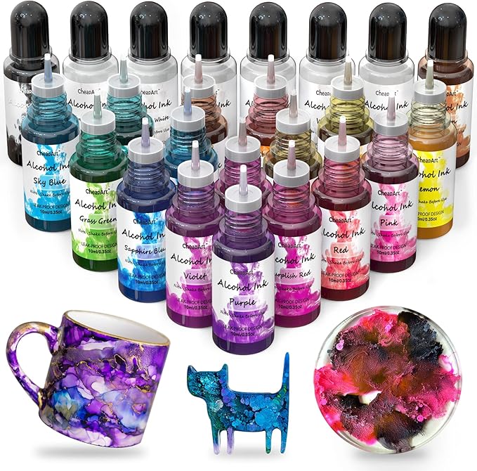 CHEAPART Alcohol Ink Set 24 Vibrant Colors Resin Dye High Concentrated Fast Drying Alcohol Based Epoxy Resin Pigment Resin Art Tumblers Coaster Acrylic Fluid Painting Crafts (24x10ml/0.35 fl oz)