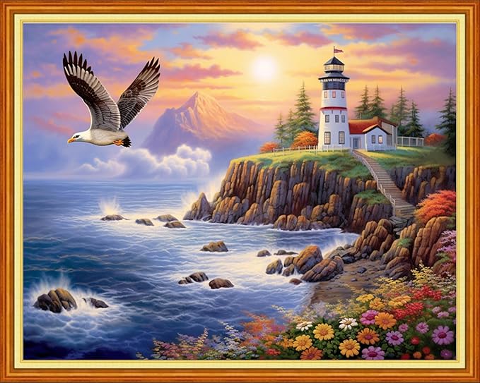 DMCVIVR Stamped Cross Stitch Kits for Adults Beginners Embroidery Kits 11CT Needlepoint Kits Cross Stitch Patterns Embroidery Patterns- Seaside Lighthouse 16x20 inch
