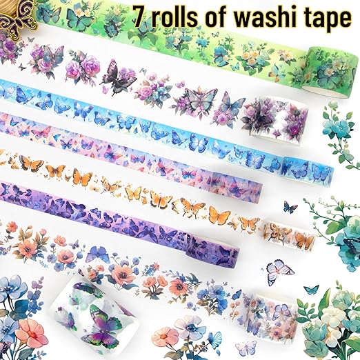 Washi Tape Set 12 Rolls - Over 700 PCS Butterfly Stickers, Washi Tape Stickers for Scrapbooking Supplies, Bullet Journaling Supplies, Junk Journal, DIY Crafts Art