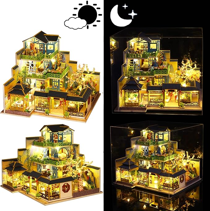 Spilay Dollhouse DIY Miniature Wooden Furniture Kit,Mini Handmade Big Castle Model with Dust Cover & Music Box,with dust Cover 1:24 Scale Creative Doll House for Adult Gift