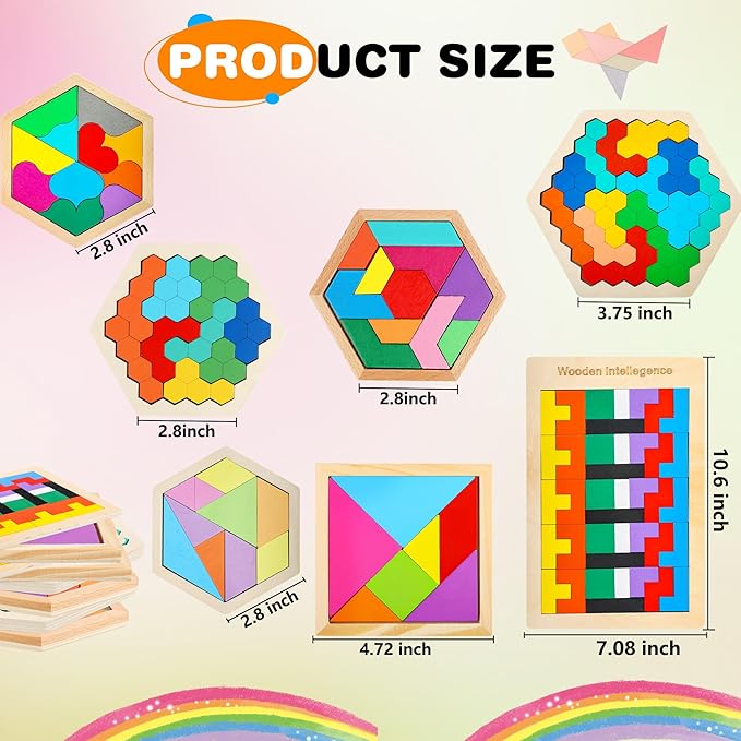 7 Pack Wooden Tangrams Puzzle Set Wooden Hexagon Puzzles Wood Russian Blocks Geometric Block Brain Teaser for Kids Adults 3D Logic Intelligence IQ Game Gift