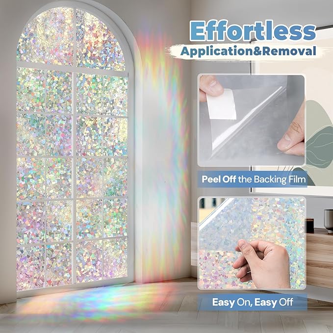 DOWELL Window Privacy Film Rainbow Film, Stained Glass Decorative Sticker, Static Cling Non-Adhesive Glass Clings, Sun Blocking Heat Control Window Coverings for Home Door, 23.6" x 78.7"