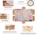 1500 Pieces Rotating Puzzle Board with 6 Drawers, Lazy Susan & Transparent Cover, 34.2"x25.2" Portable Wooden Jigsaw Puzzle Board, Great Gift for Puzzle Enthusiasts
