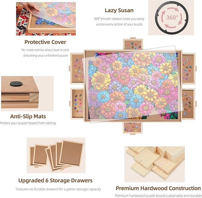 1500 Pieces Rotating Puzzle Board with 6 Drawers, Lazy Susan & Transparent Cover, 34.2"x25.2" Portable Wooden Jigsaw Puzzle Board, Great Gift for Puzzle Enthusiasts