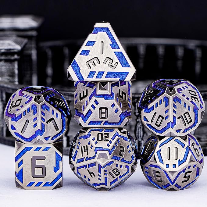 Metal DND Sci-fi Dice Set 7PCS Stripe Polyhedral Dice for Dungeons Dragons RPG Role Playing Game, Glitter D and D Dice with Gift Box D6 D8 D10 D12 D20 (Blue Purple&Grey)