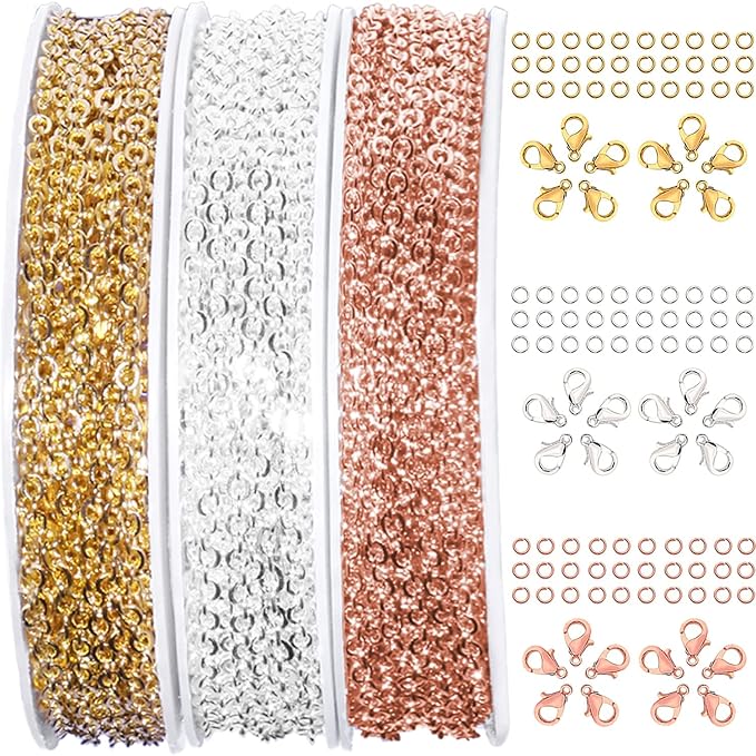 Jishi 30ft Jewelry Making Chains Bulk 2mm Necklace Chains, Jewelry Making Supplies, DIY Craft Earring Bracelet Making Findings, 3-Colors Gold Silver Rose Gold Plated Metal Rolo Cable Link Chain Rolls