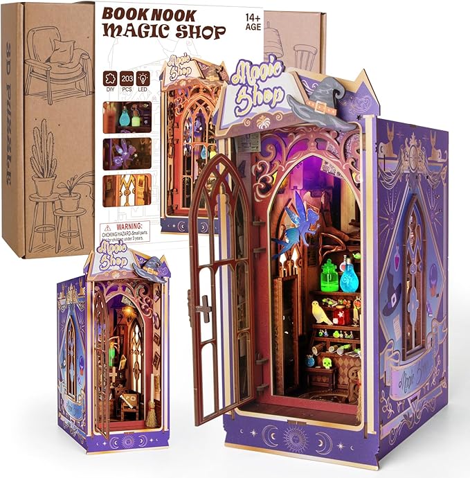 Glow in The Dark Book Nook Kits for Adults, Miniature House Dollhouse Kit for Teens, DIY Crafts for Adults, Bookshelf Decor Magic Shop with LED Light, Gifts for Family and Friends
