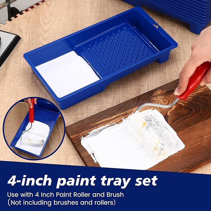 Ripeng 30 Pack 4 Inch Paint Tray Bulk Plastic Paint Roller Tray Small Painting Pan with Deep Pocket and Textured Ridge Reusable Trays Suitable for 4" Painting Rollers for Home Wall Decor(Blue)