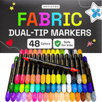 ARTISTRO 48 Dual-Tip Fabric Markers - Fabric Decorating Kit - Permanent for Clothes - No Bleed Pens for T-Shirts, Bags, Textile, Canvas, and More (Brush Tip and Fine Tip)