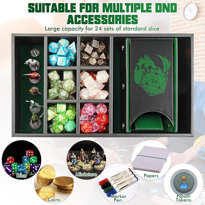 DND Dice Tray & Tower Storage Box, 4 in 1 D&D Dice Holder Case (Dice Rolling Tray, Dice Roller Tower, Dice & Miniature Storage), Great RPG Accessories Gifts for Dungeons and Dragons MTG DM & Player