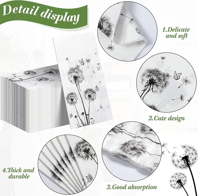 100 Sheets Dandelion Guest Towels Disposable for Bathroom Disposable Paper Napkins for Dinner Party Kitchen Floral Paper Hand Towels for Guest Party Supplies (4.3 x 7.9 Inch)
