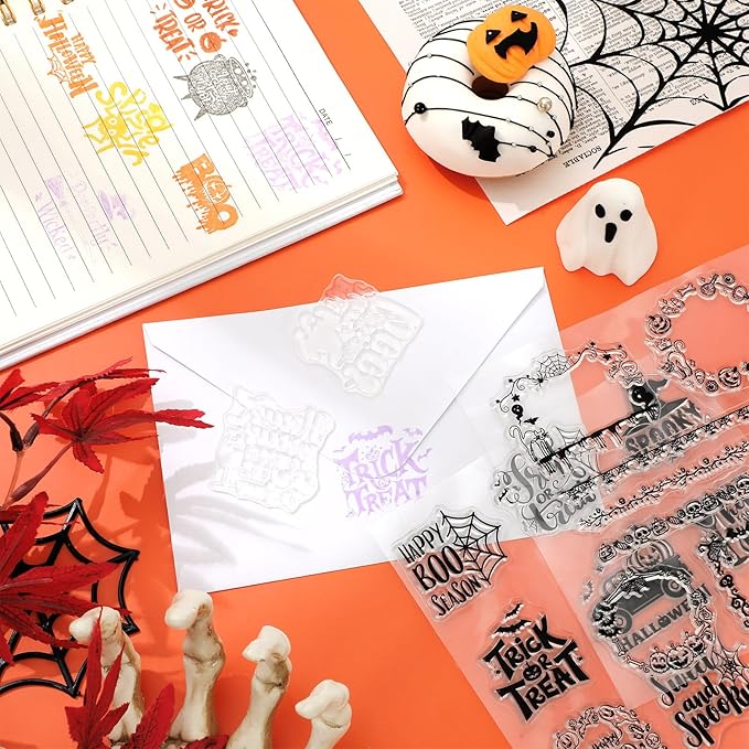 Whaline 5 Sheets Halloween Clear Stamps Gnome Pumpkin Spider Silicone Transparent Stamps Trick or Treat Border Stamp Cards for DIY Card Making Scrapbooking Embossing Album Decor