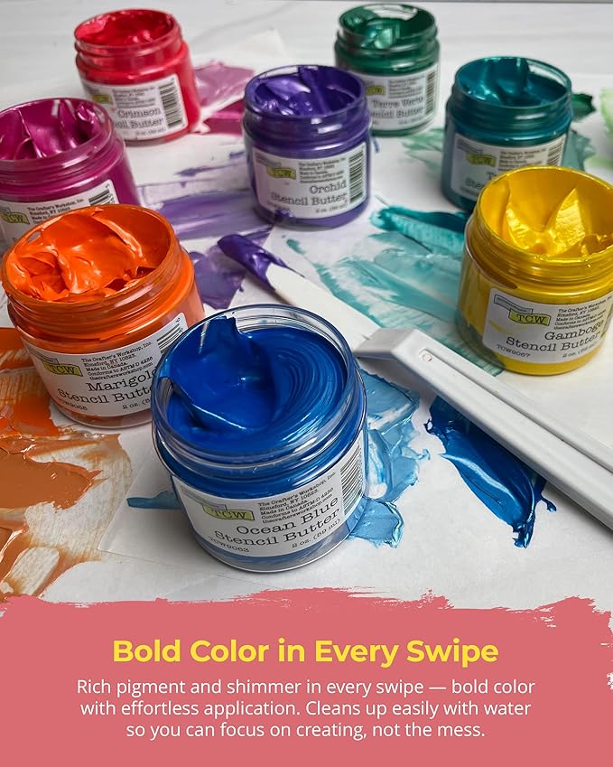The Crafter's Workshop Stencil Butter - Blooms Acrylic Paint Set - Boutique Metallic Texture Paste for Art, Canvas, Journals, & Cards - 4 x 2oz Jars