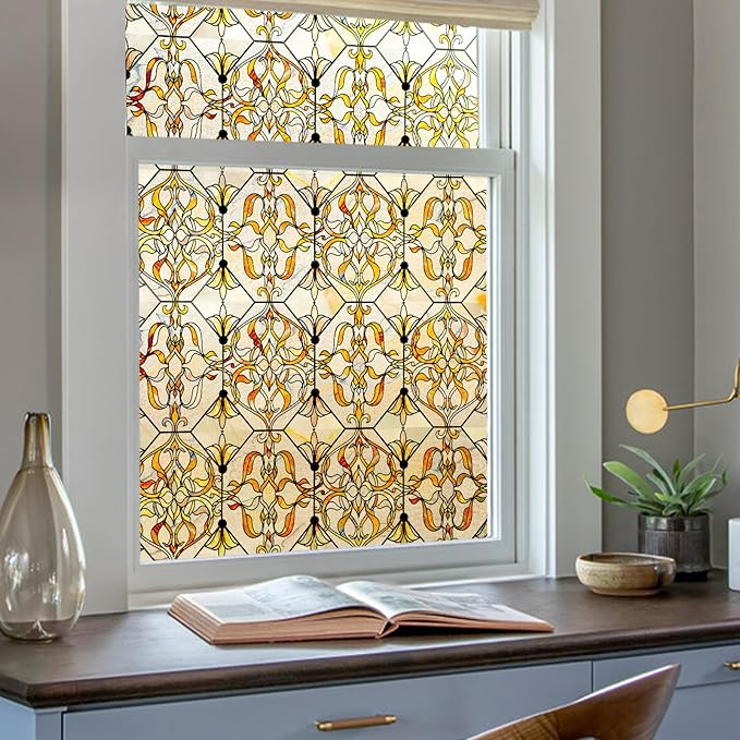 3D Stained Glass Window Privacy Film, Heat Control UV Blocking Static Cling Decorative Window Film for Bathroom,Front Door,Home Non Adhesive,GiltGaze 16.9 x 39.3 inches