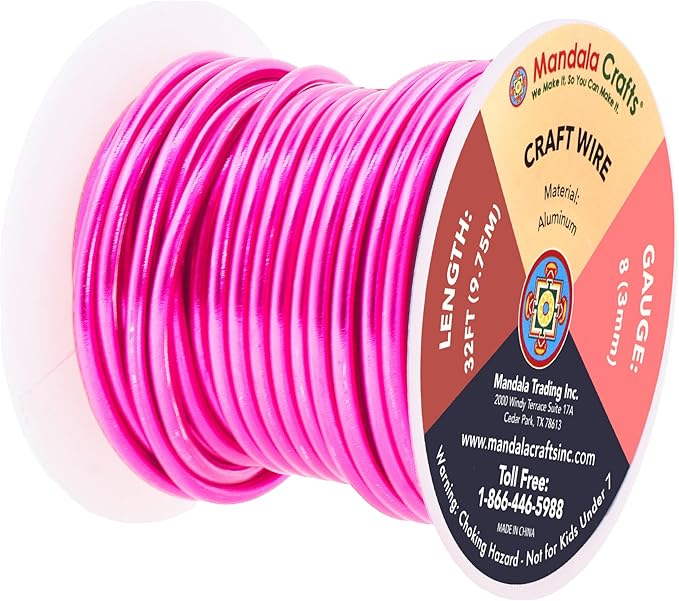Mandala Crafts 8 Gauge Anodized Aluminum Craft Wire for Jewelry Making - 32 FT Colored Flexible Hot Pink Wire - Bendable for Bonsai Armature Crafting Sculpting
