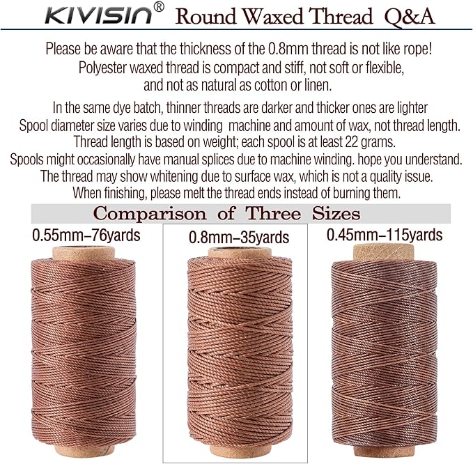 12 Classic Colors Round Waxed Thread, 0.8mm 35Yards Spool Polyester Wax Coated Cord Heavy Duty String for Leather Sewing, Stitching, Bookbinding, Upholstery Repairing and Micro Braiding