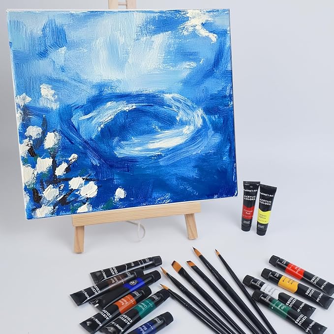 Falling in Art Acrylic Paint Set, 12 Tubes Non-Toxic Rich Pigments Colors with 6 Paintbrushes, Ideal for Painting on Canvas, Wood, Fabric, Craft Paint Set for Beginners and Artists