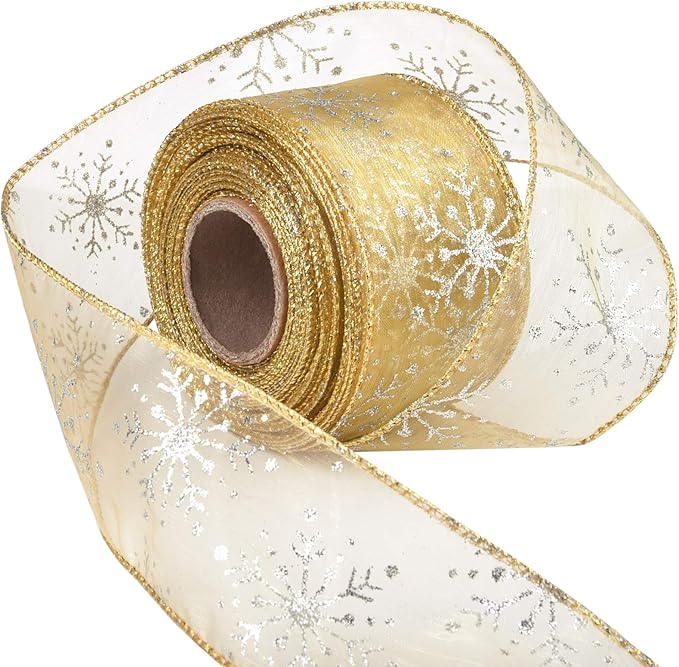 2.5 Inch Wide Christmas Wired Ribbon Snowflake Organza Sheer Glitter Ribbon for Xmas Tree, Wreath, Party Decoration, Gift Wrapping (Golden, 21.9 Yards)