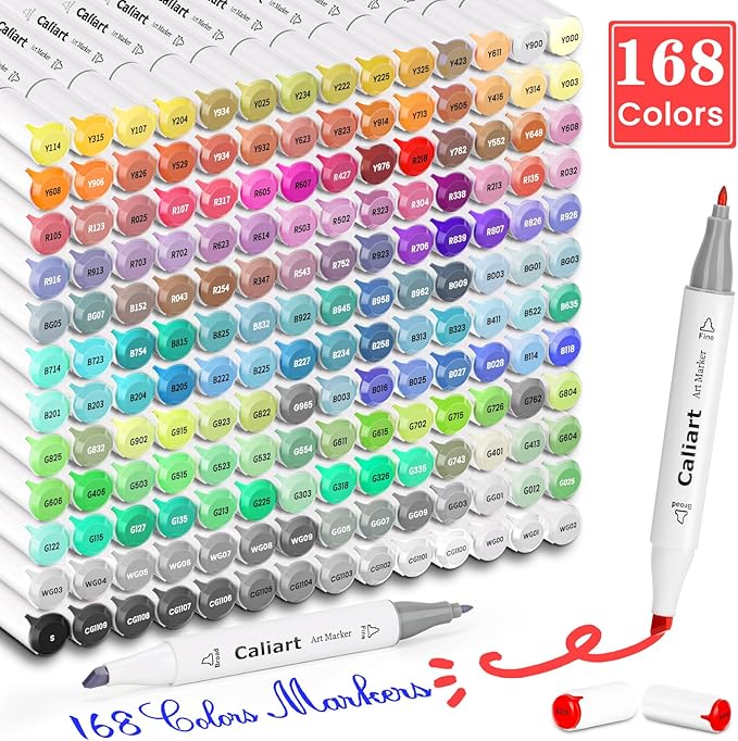 Caliart Markers, 168 Colors Dual Tip Art Markers Sketch Pens Permanent Alcohol Based, with Case for Adult Artist Halloween Drawing Sketching