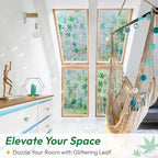 rabbitgoo Rainbow Window Privacy Film Decorative Stained Glass Diamond Pattern Window Sticker with Iridescent Tint Non-Adhesive Static Cling for Home Office Bathroom, Green Leaf 17.5 x78.7 inch