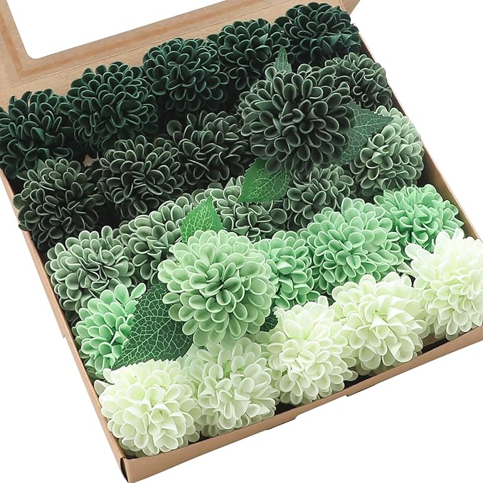 Floroom Artificial Dahlia Flowers 25pcs Real Looking Forest Green Shades Foam Fake Roses with Stems for DIY Wedding Bouquets Bridal Shower Centerpieces Sage Green Floral Arrangements Tables Decoration