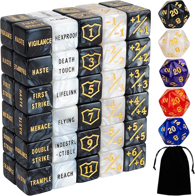 65 Pieces MTG Dice Counters Life Keyword Counter Dice Set Plus One/+1 Buff Abilities Shield Tokens for MTG, TCG, Cards Gaming Accessories