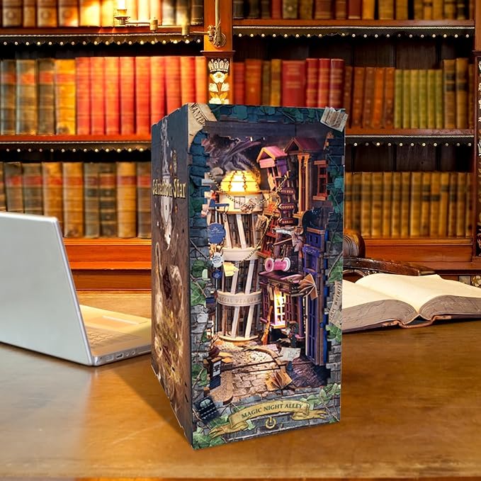 DIY Book Nook Kit,Dollhouse Booknook Bookshelf Insert Decor,3D Wooden Puzzles with LED Dust Cover,Book Nook Miniature Kit,Birthday Halloween Home Decor for Teen Adult-Magic Night Alley