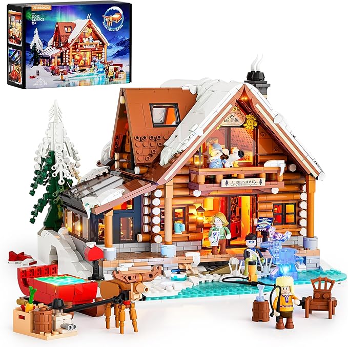 Aurora-Cabin Christmas Lighting-Building-Bricks Set - 2425 Pcs Retro House Winter Lodge LED Light Construction Building Christmas Village Model Set for Adults and Families