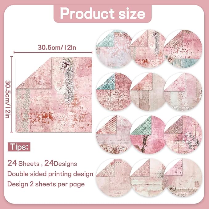 Scrapbook Paper 12x12 inch, 24 Sheets DIY Origami Decorative Craft, Double sided printing, Photo Album Decor Wooden-free Paper for Gift Wrapping Card Making Collage Album Decorative (Pink)