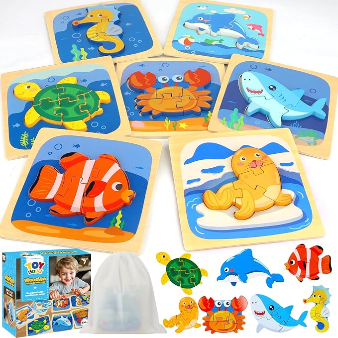 TOY Life Toddler Puzzles Ages 2-4, Wooden Puzzles for Toddlers 1-3, 7 Pcs Sea Animals Puzzle 2 Year Old, Montessori Toddler Boys Girls Toys 2-3, Educational Gift Learning Toys for 2 Year Old