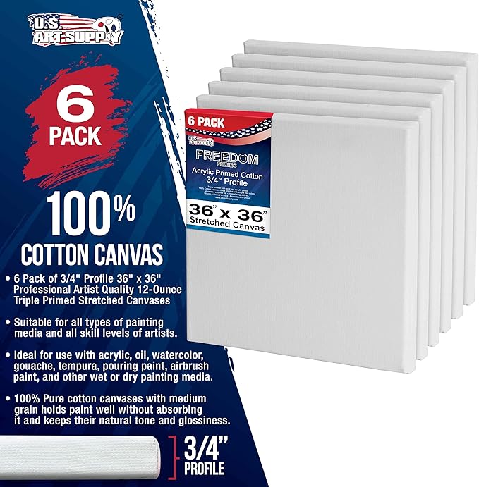 U.S. Art Supply 36 x 36 inch Stretched Canvas 12-Ounce Triple Primed, 6-Pack - Professional Artist Quality White Blank 3/4" Profile, 100% Cotton, Heavy-Weight Gesso - Acrylic Pouring, Oil Painting