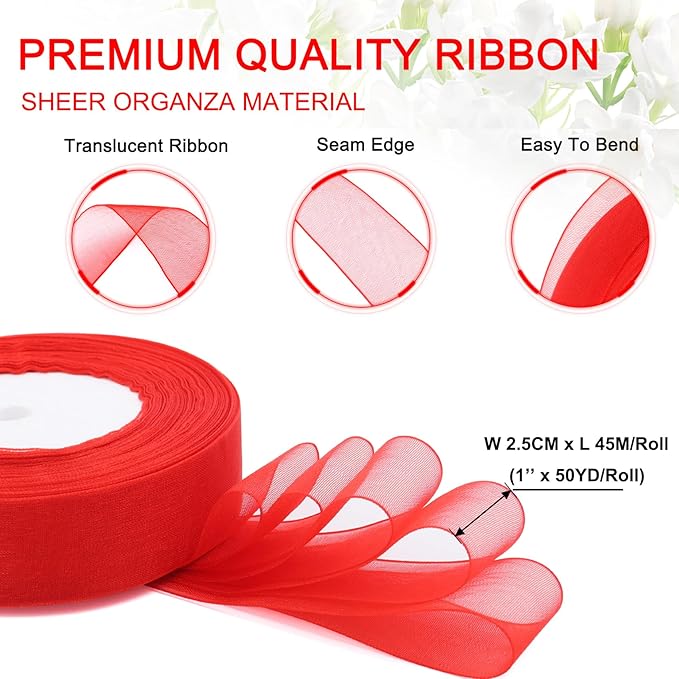 Red Ribbon for Gift Wrapping, 1 inch 50Yard Sheer Organza Tulle Ribbon for Flower Bouquet, Red Gifts Wrap Chiffon Ribbons for Hair, Craft, Wedding, Valentines Day, Mothers Day, Christmas