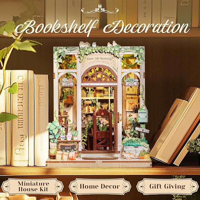 CUTEBEE Book Nook Kit - DIY Miniature House Dollhouse Kit for Adults and Teens, Booknook Tiny House Bookshelf Decor 3D Wooden Puzzle, Gifts for Family Friends (Green Life Bookshop)